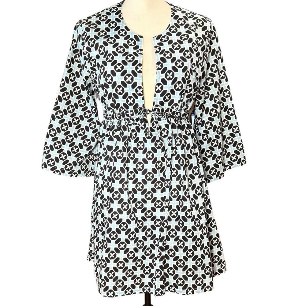 Talbots Women's Geometric Tunic Dress Swim Coverup White Blue Black Cotton Small